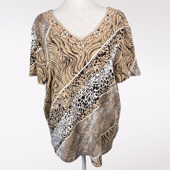 Rebecca Malone Animal Print Short Sleeve Top Crochet Beaded Neckline Size XL - Picture 1 of 9